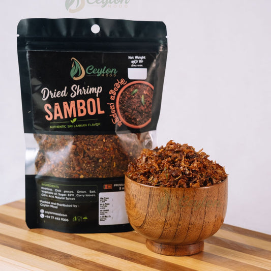 Ceylon Mood Dried Shrimp (Kunisso) Sambol pack with a wooden bowl of sambol on a wooden board