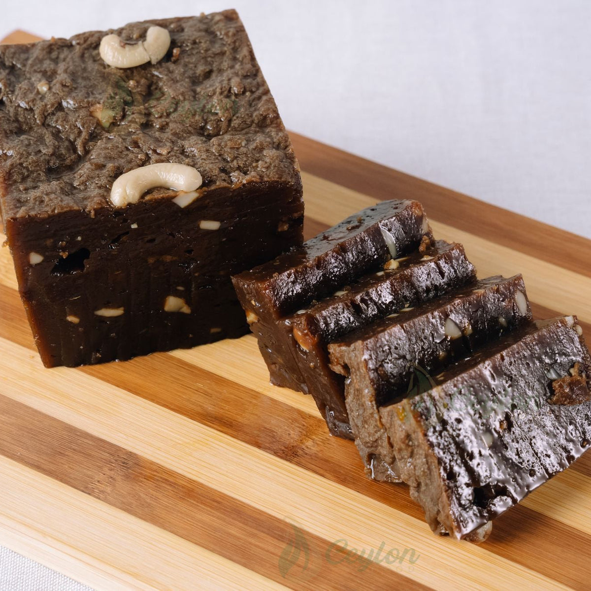 Close-up of Kalu Dodol with Cashew and sliced pieces