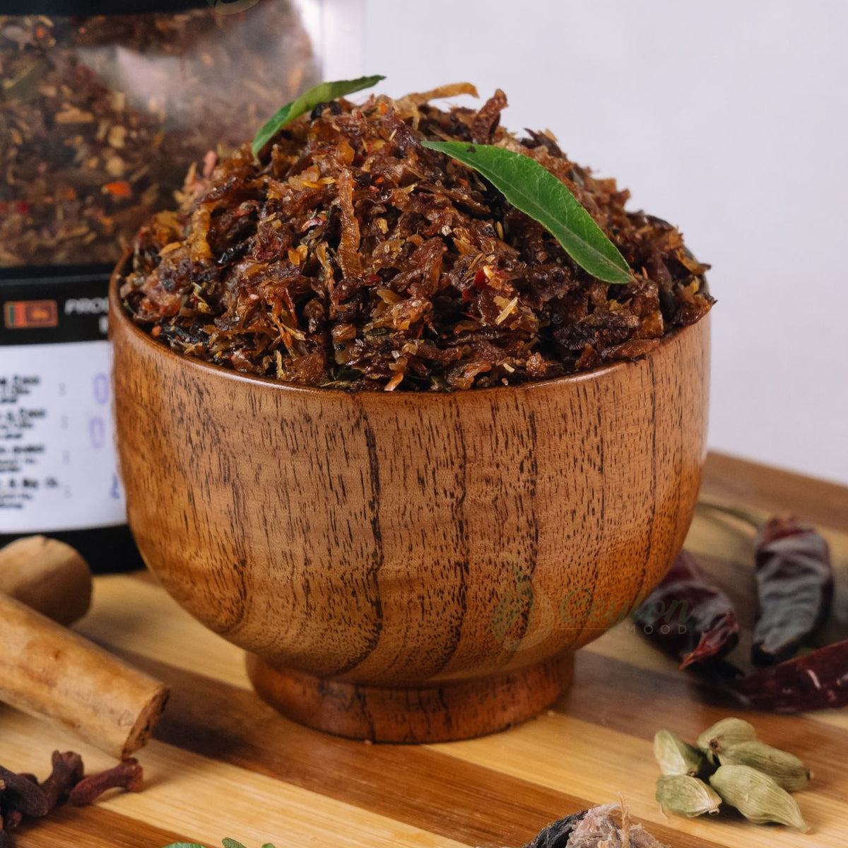 Close-up of Sri Lankan Maldive fish sambol in a wooden bowl
