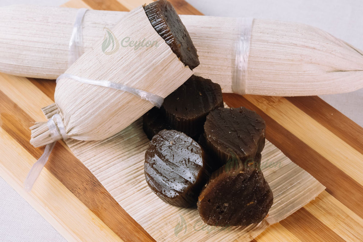 Close-up of handmade Patta Dodol pieces and dried areca leaf wrapping, Ceylon Mood