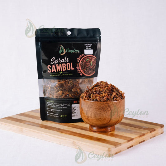 Ceylon Mood Sprats (Haalmasso) Sambol pack with a wooden bowl of sambol on a wooden board